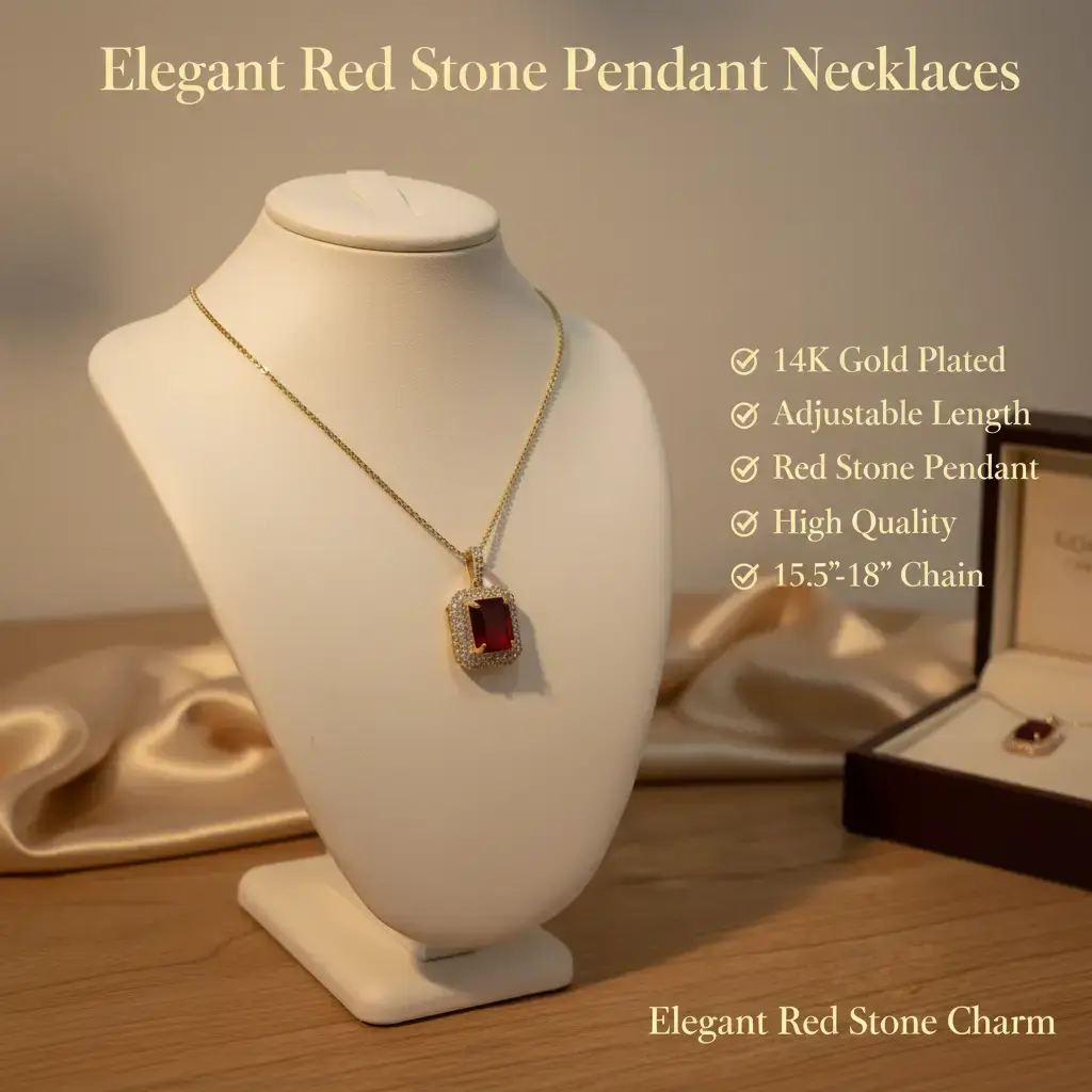 Amtiari Elegant Red Stone Necklace – High Quality 14K Gold Plated Adjustable Necklace, 15.5”–18”