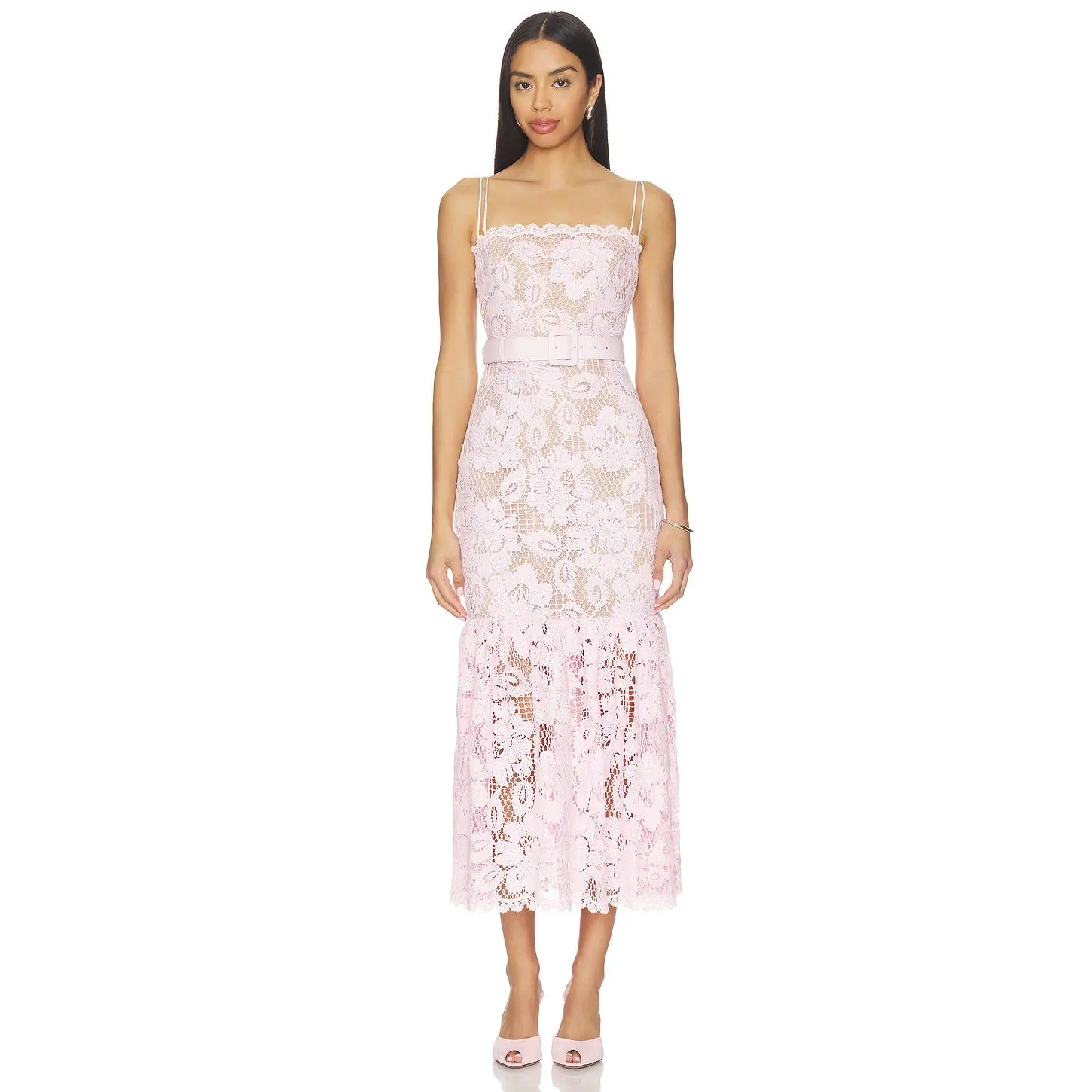 self-portrait Pink Crochet Lace Midi Dress in Pink