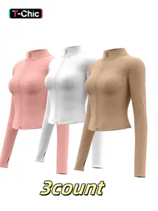 Women's Solid Thumb Hole Zip Up Sports Jacket, Thumb Holes Jacket, Long Sleeve Stand Collar Zip Front Outerwear for Gym Workout Running, Ladies Sportswear for All Seasons