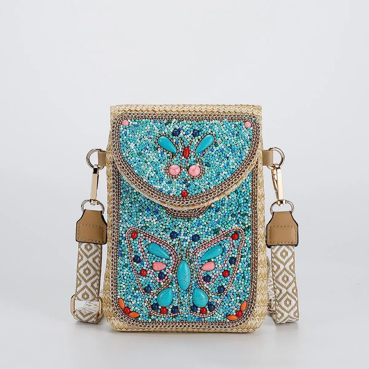 Premium Handmade Straw-Woven Women's Crossbody Shoulder Purse - Fashionable Unique New Rice Bead Bag, Exquisite Compact Portable European-American Style Mobile Phone Messenger Bag, Handmade Bag, Crossbody Shoulder Purses