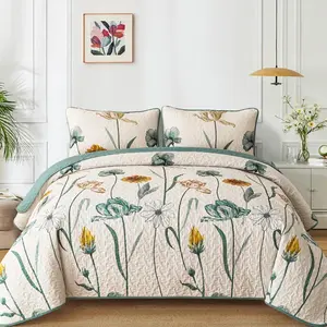 Floral Quilt Set ,Green Yellow Floral Botanical Bedspread  Set with 2 Pillowcase,Lightweight Spring Farmhouse Coverlet Set for All Season (96"x90")