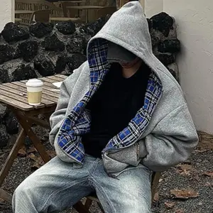 2025 New Women’s Casual Retro Zip-Up Hoodie, Gothic Blue Striped Plaid, Front and Back Print, 90s Hip Hop Style, Loose Fit, Gray Sweatshirt Top