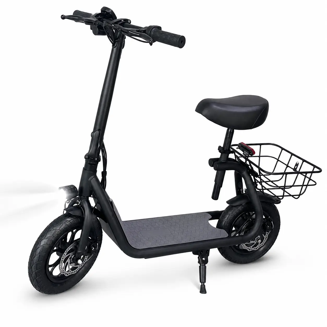 Foldable Electric Scooter with Seat, Rear Storage Basket, 36V 7.8Ah Battery, Up to 30 km/h, 3-Speed Modes, Anti-Slip Deck, LED Headlight, Comfortable Commuter Scooter for All Terrains