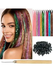 10-Pack 22-Inch Laser Thread Glitter Hair Extensions, Invisible Rainbow Fiber Hair Pieces, No-Trace Fake Hair Sheets