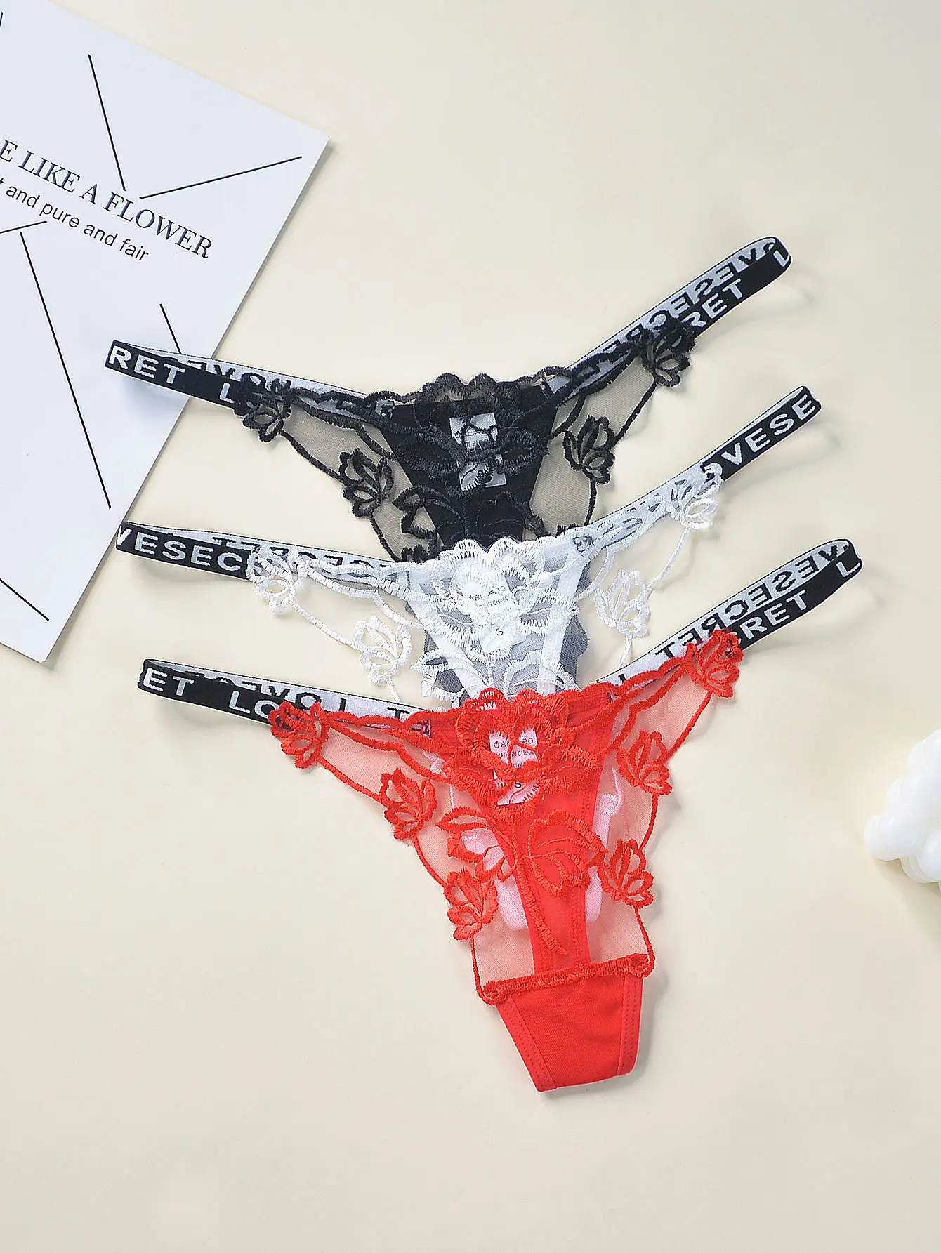 Women's 3-Piece Lace-Embroidered Thong Set - Seamless Low-Waisted Butt-Lifting Lace Trim Underwear for Women, Breathable Soft Sexy Panties, Bridal Lingerie Gift, Assorted Bundle Set Thongs