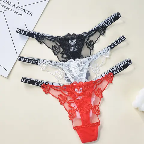 Women's 3-Piece Low-Rise Seamless Embroidered Lace Elastane Thongs - High-Elastic, Skin-Friendly, Breathable, Soft, Butt-Lifting for Daily Wear, Wedding, Party Womenswear Panties