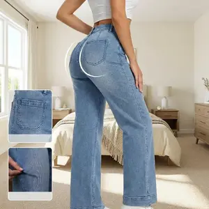 Wide Leg Jeans for Women High Waisted Trendy Front Patch Pocket Flare Cropped Jeans Stretchy Denim Jean Pants