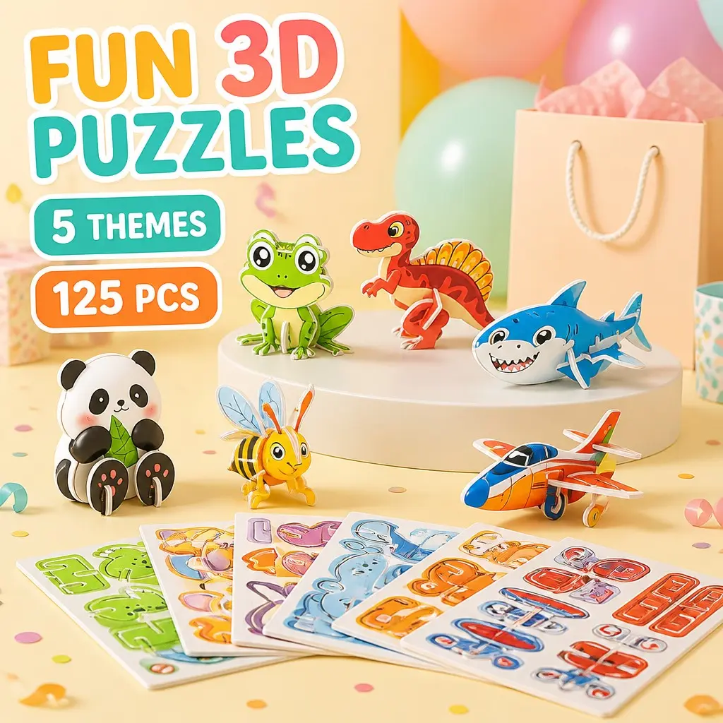 125-Piece Lightweight EVA Foam 3D Building Puzzle Set, Montessori STEM Learning Toys with Animals, Dinosaurs, Ocean Life, Aircraft, Fine Motor Skills DIY Craft Kit, Screen-Free Christmas/Holiday Gifts for Ages 3-8