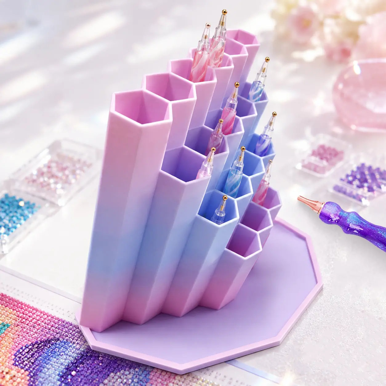 1Pc New Pastel Gradient Diamond Painting Pen Holder Organizer | Multi Slot Drill Pen Stand | Desktop Storage for Diamond Art Accessories | Cute Craft Desk Decor