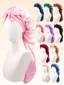 VYNCE HAT1pc Women's Long Satin Imitation Silk Bow Sleep Cap, Large Size Braid Curly Hair Sleeping Hat, Suitable For Sleeping & Daily Beauty Use
