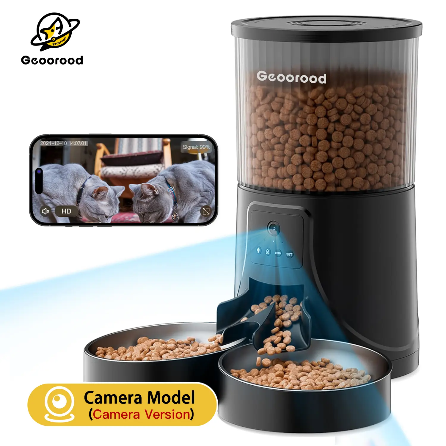 Geoorood Automatic Cat Feeder with Camera, 1080P HD Video, 2.4G WiFi Smart Pet Feeder with One-Way Audio, 4L Large Capacity, Dual Bowl Design for Cats