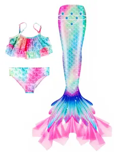 Girls Mermaid Swimsuit Mermaid Tail Beach Party Birthday Gift, Bikini Set Includes 1 Tail, 1 Top, 1 Shorts, Flippers Not Included.
