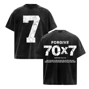 Mathew 18:21-22 Forgive 70x7 Double Printed Vintage Jesus Washed Tee, Unisex Oversized Heavyweight Cotton T-shirt for Faith-Based Streetwear Bible Verse Church Outfit Gym Pump Cover Christian Merch