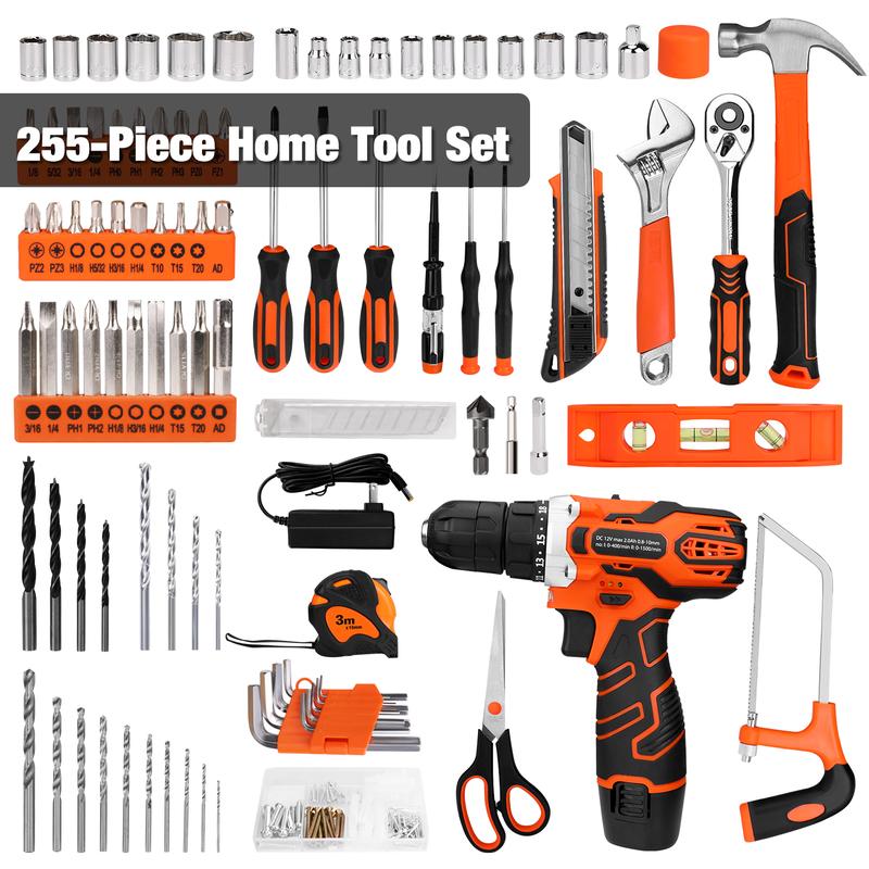 255-Piece Tool Set - Tool Kit with 12V Cordless Drill Driver, Toolbox Storage Case with Drawer, General Household Drill Set for DIY Projects, Home Repairs, Handyman