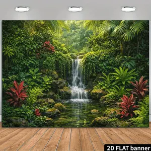 1PC,2D Flat Backdrop Tropical Jungle Waterfall Decorative Backdrop, Natural Scenery Party Background Wall, Hanging Cloth for Birthday Wedding Festival Scene Decoration, Tapestry for Immersive Forest Stream Atmosphere Creation