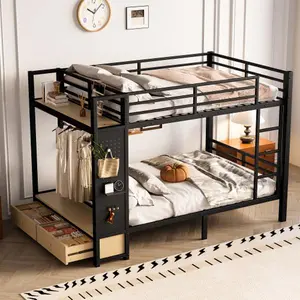 Full Over Full Metal Bunk Bed with Storage Drawers and Shelves, Heavy Duty Bunk Beds with Pegboard and Coat Rack for Kids, Adults,Black Vintage Brown Wood Safety Guard Rails Noise Free Double Ladder