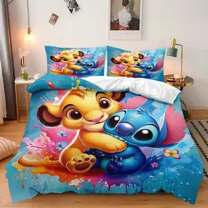 [mothers day gift ideas] DISNEY CLASSIC 3-piece Stitch & Simba Embrace Printed Duvet Cover Set (1 * Duvet Cover + 2 * Pillowcases, No Insert Included), Suitable for Home Bedroom, Guest Room, Dormitory Room Decor