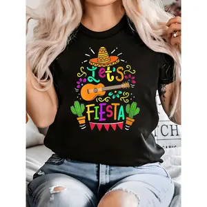 Women's Cinco De Mayo Mexican Guitar Cactus Print Crew Neck Short Sleeve T-Shirt 100% Cotton Tops Womenswear