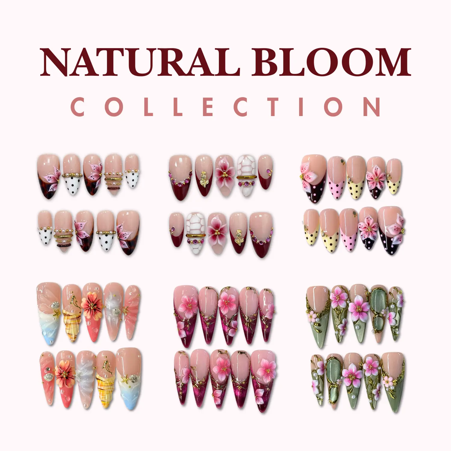 NailPhoria NATURAL BLOOM Collection - Handmade Press-On Nails | Reusable, Salon-Quality, Long-Lasting, Glossy Design
