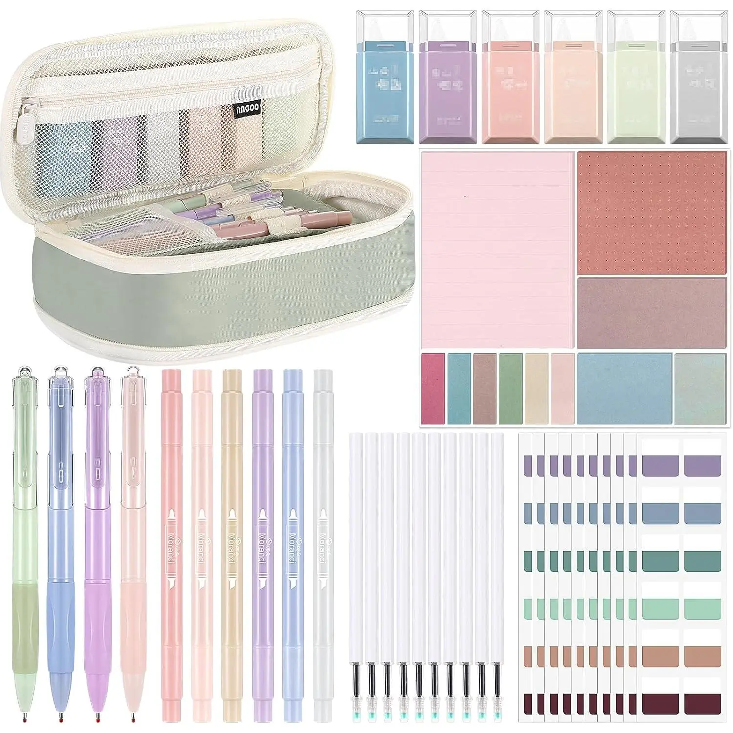 38 count Aesthetic College School Supplies with Pen Case Sticky Notes Gel Pens Highlighters Correction Tapes  to School Stationery Kit Valentines Day Gift Students(Morandi Color,Cute)