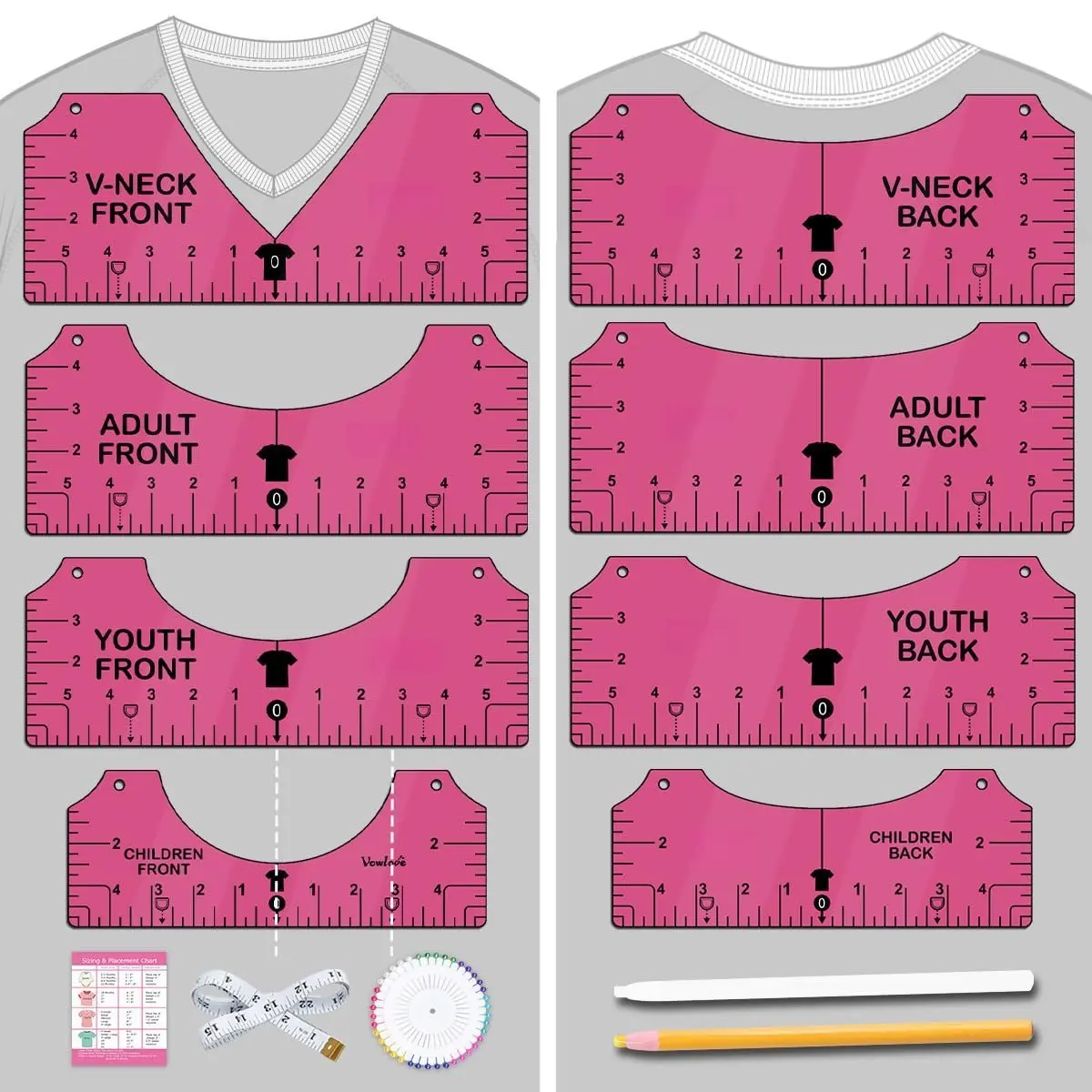 Tshirt Ruler Guide for Vinyl Alignment: T Shirt Rulers to Center Designs, Tee Shirt Alignment Tools for Heat Press, Sewing Accessories HTV Heat Transfer Vinyl, V- Front  Measurement