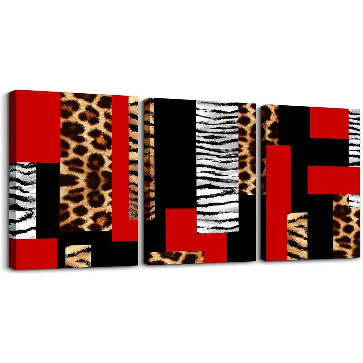 Feelyou 3-Piece Framed Leopard Cheetah Fur Print Canvas Room Art, 12"x16" Retro Eco-Friendly Artistic Hanging Decor with Hanger, Home Office Animal Gift Idea for Christmas