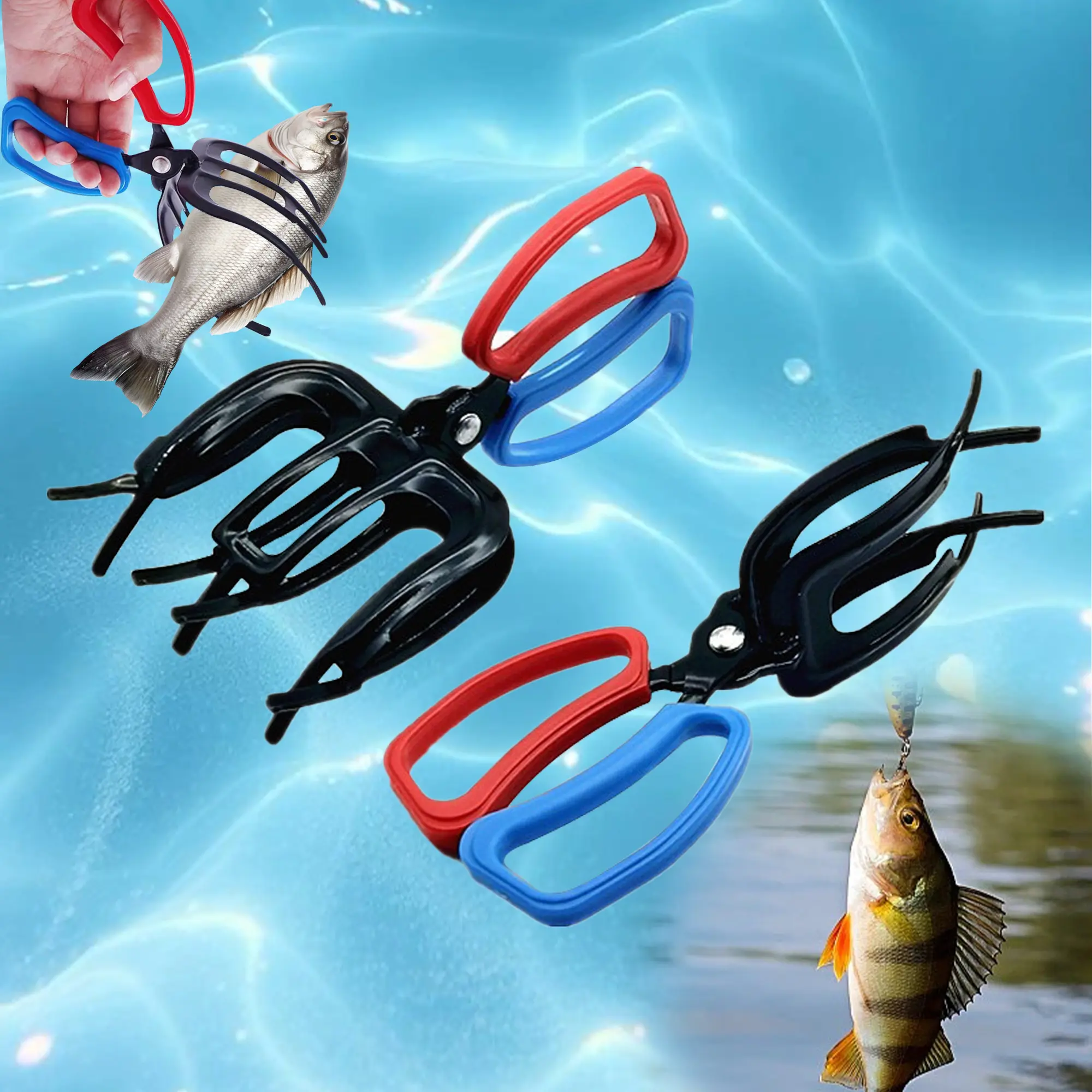 2pcs Metal Fish Grippers with Anti-Slip Dual-Color Red & Blue Handle, Compact Durable Fishing Lip Grabber Pliers Tackle Tool for Freshwater Saltwater Fishing, Ideal for Boyfriend, Dad