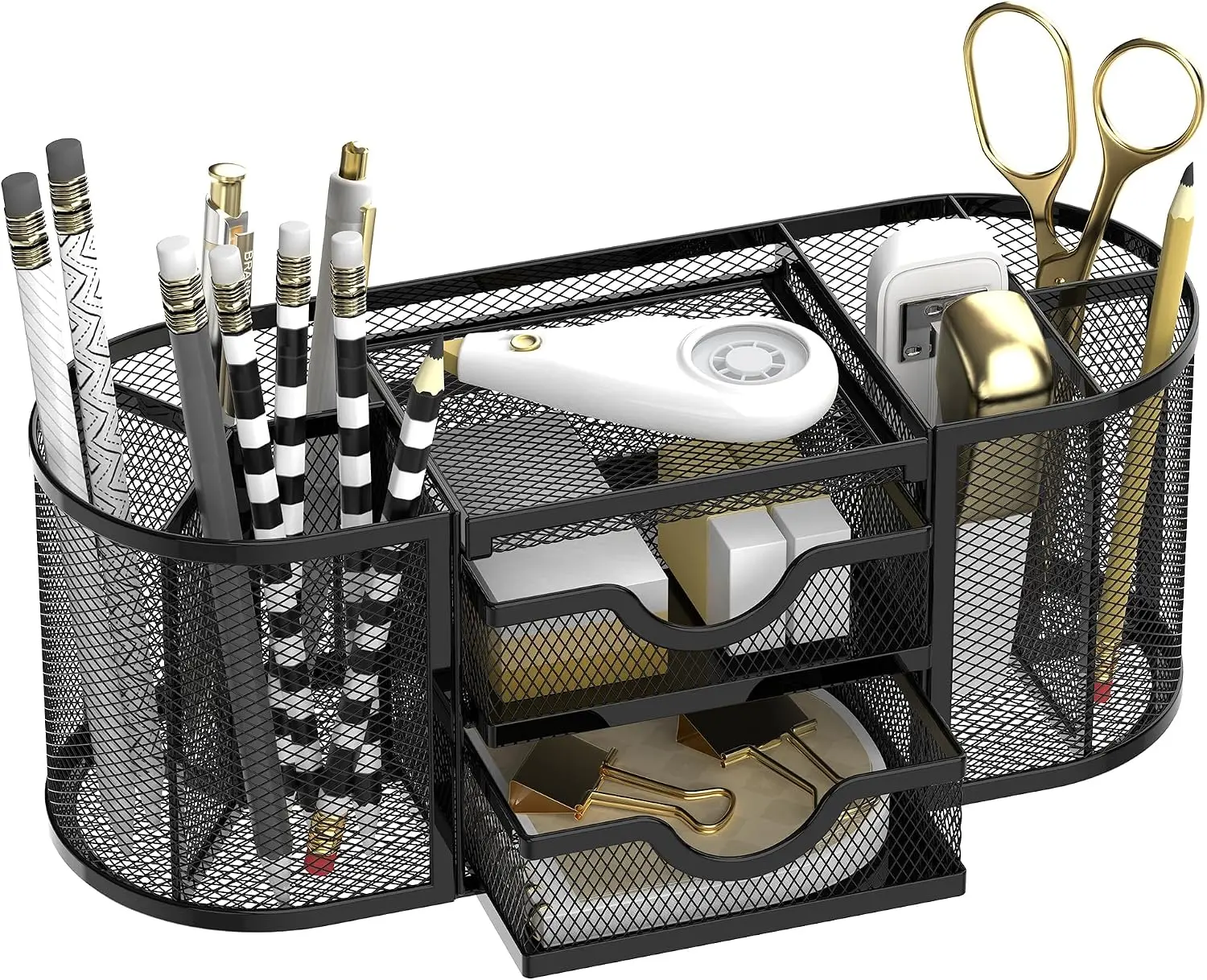 Mesh Desk Organizer with 2 Drawers & 8 Storage Compartments, Metal Pen and Pencil Holder for Office Supplies, Desktop Accessories & Workspace Organization, Black
