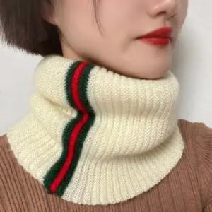 Soft Ribbed Knit Neck Warmer Cream with Red Green Stripes for Cozy Winter Wear