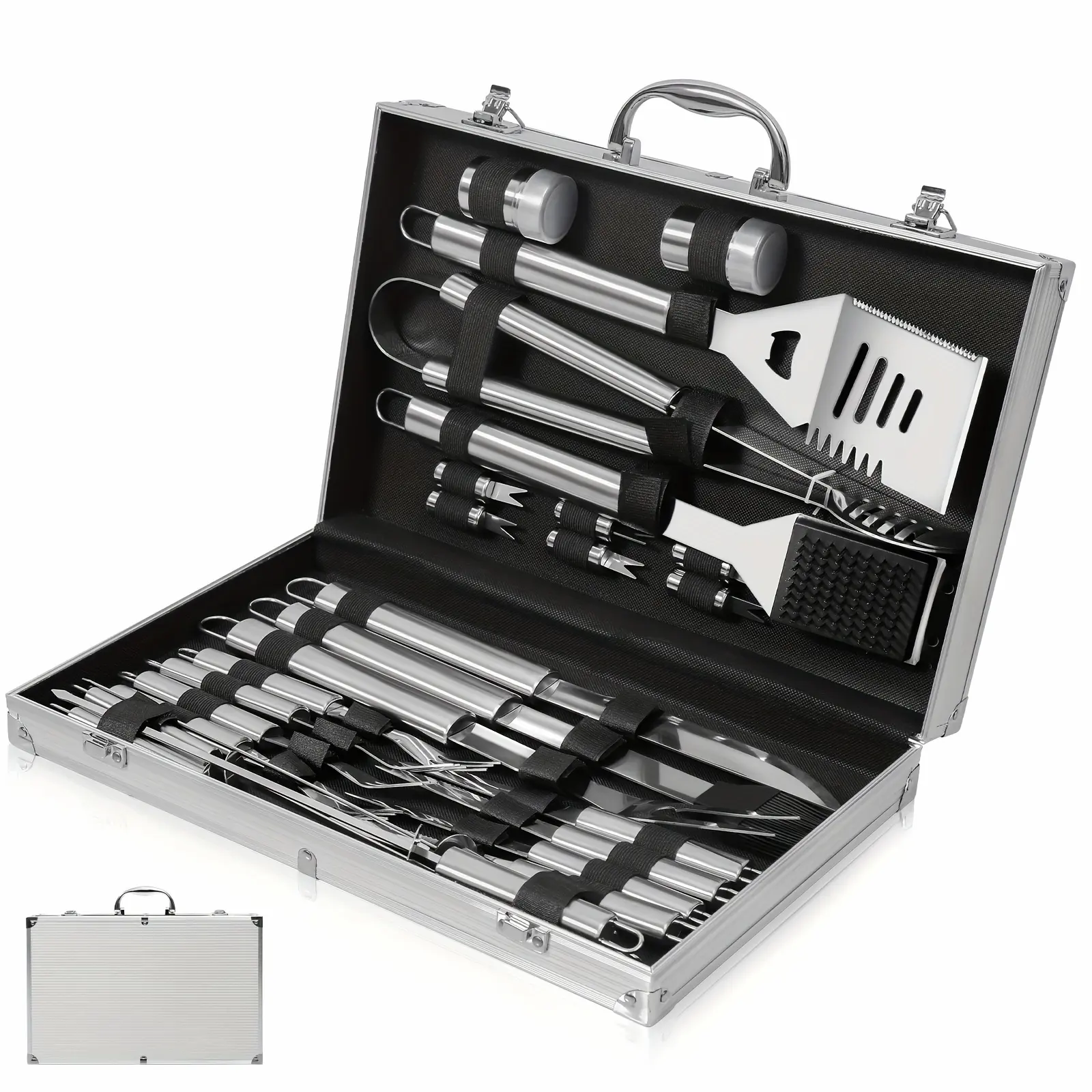 BBQ Grill Gear Set Heavy Duty BBQ 26 Accessories Stainless Steel BBQ Accessories With Aluminum Storage Case - Complete Outdoor BBQ Kit For Men Women