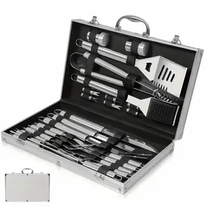 BBQ Grill Gear Set Heavy Duty BBQ 26 Accessories Stainless Steel BBQ Accessories With Aluminum Storage Case - Complete Outdoor BBQ Kit For Men Women