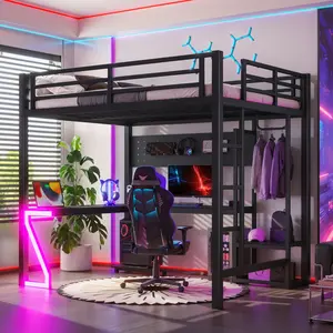 Full Size Loft Bed Frame with Storage, L-shaped Desk and USB Ports, Heavy-Duty Metal Loft Bed with Computer Tray, Peg Board, and Gaming Style Z-shaped Lights, Noise Free, Black