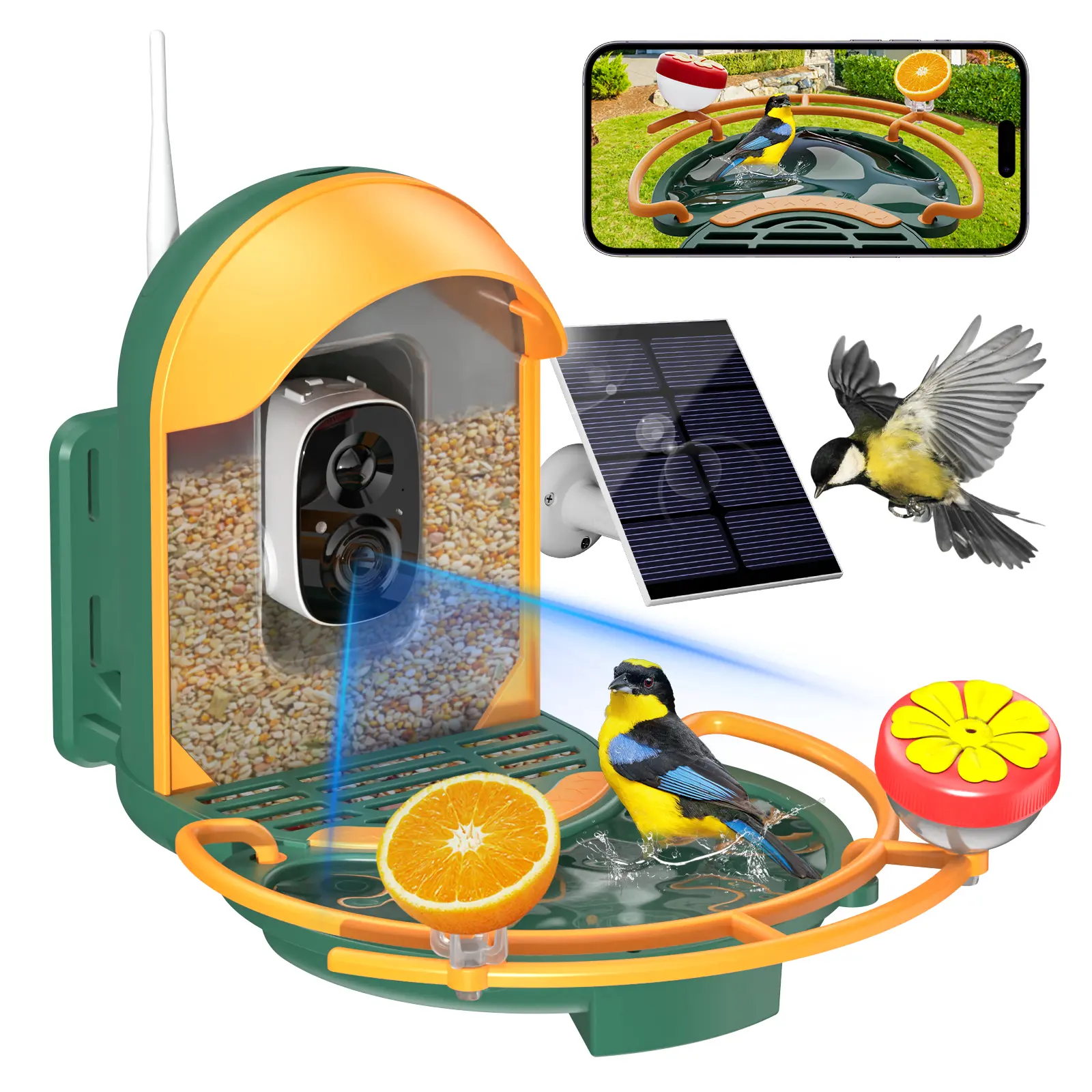 Bird Feeder with Camera, 2K HD Camera Birds Feeder with Bath Wireless Outdoor, Solar Powered Bird Watching with APP Control, Night Vision, Motion Detection Alerts, Birdfeeder for Backyard, Dark Green
