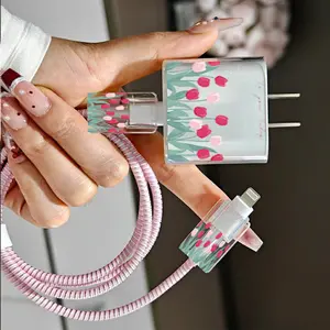5pcs Set Fresh Pink Tulip Floral Theme Illustration Charger Case for iPhone 16 15 14 13 12 11 Pro Max, Anti-Shatter, Anti-Scratch, Boyfriend/Girlfriend Gift with 20W Fast Charger and 18W Cable Protector, Phone Accessory Set, Cute Phone Cover
