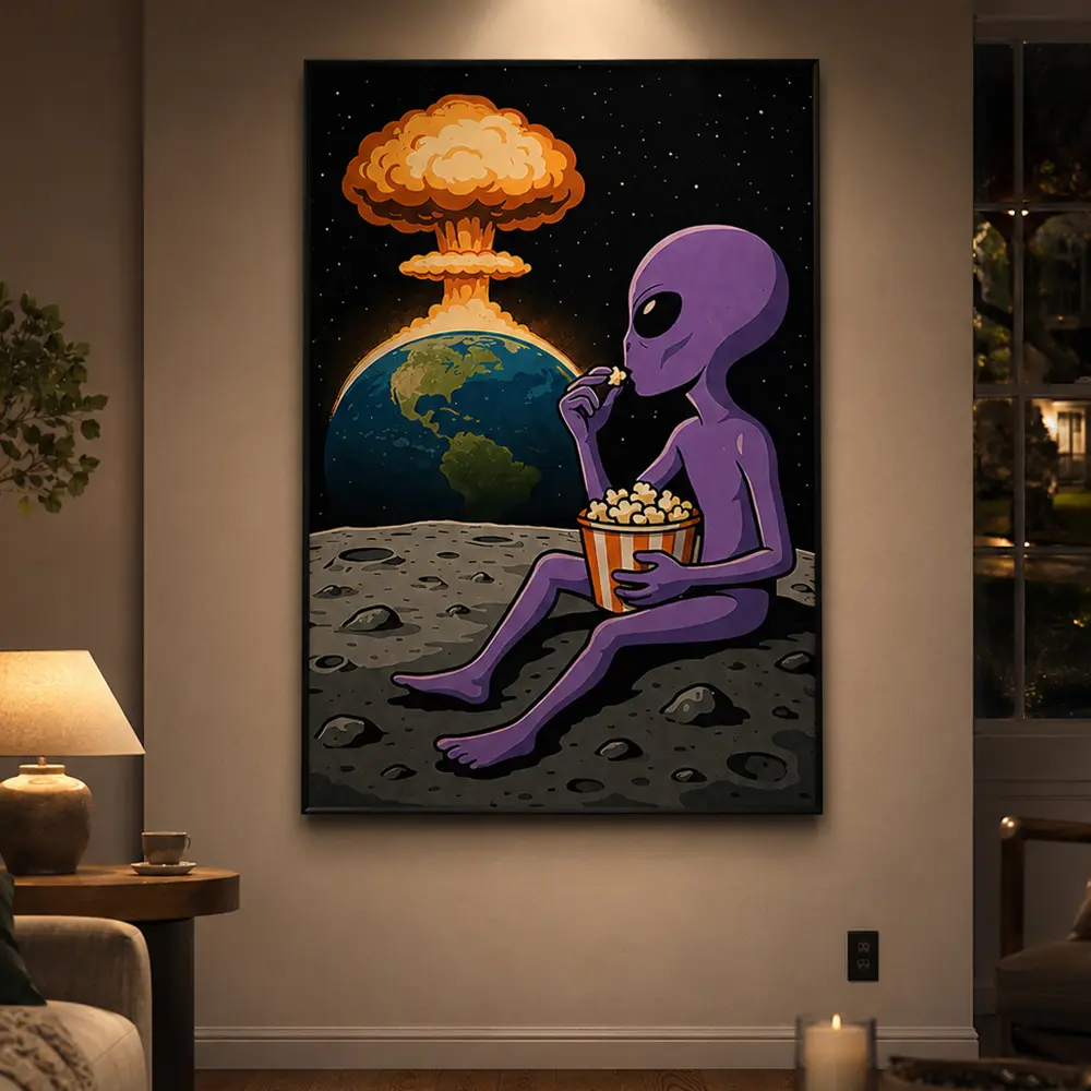 1pc Modern Alien-Themed Wall Art - Minimalist Frameless Canvas Suitable for, - Unique Sci-Fi Room Decoration, Perfect Gift for & (Handmade, Modern Art Deco Style)Protect the Environment