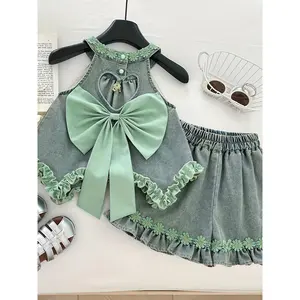 Denim Outfit for Girls, Stylish Summer Sleeveless Top with Large Bow and Open Back, Paired with Shorts and Lace Details, for Outdoor
