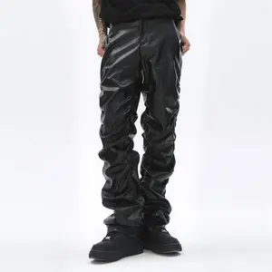 Men's Hip-Hop Loose Casual Stacked Pants Dark Punk Niche Design Glossy Pleated Leather Pants Black