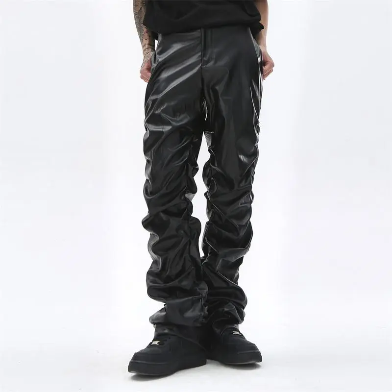 Men's Hip-Hop Loose Casual Stacked Pants Dark Punk Niche Design Glossy Pleated Leather Pants Black
