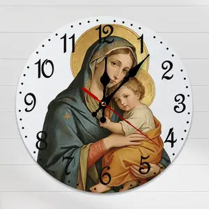10-12in Classic Virgin Mary and Baby Jesus Mounted Quartz Large-Format Wall Clock - Silent Catholic Religious Home Decor, Wooden Faith Gift Clock for Home, Church