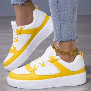 Breathable Low-top Fashion Sneakers For Women In Yellow And White - Casual Lace-up, Plaid Pattern And Bow Details, Durable EVA Sole, Comfortable Fabric Lining, Hand Washable - Stylish Flat Sneakers