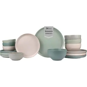 16-Piece Stoneware Dinnerware Set for 4, Satin Glazed Plates and Bowls Sets with Matte Finish, Ceramic Dish Set, Durable Kitchen Dishes, Microwave & Dishwasher Safe Dining, Rollo Artist's Blend