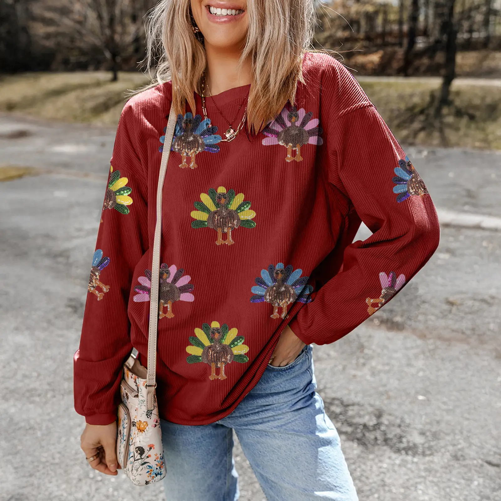 Dear-Lover Women's Lady Fashion Longsleeves Sparkly Sequin Turkey Graphic Hoodie Sweatshirt - Round Neck, Corded Drop Shoulder, Baggy Fit, Soft Fabric, Metallic Glitter Christmas Pattern, Festival Casual Pullover Top