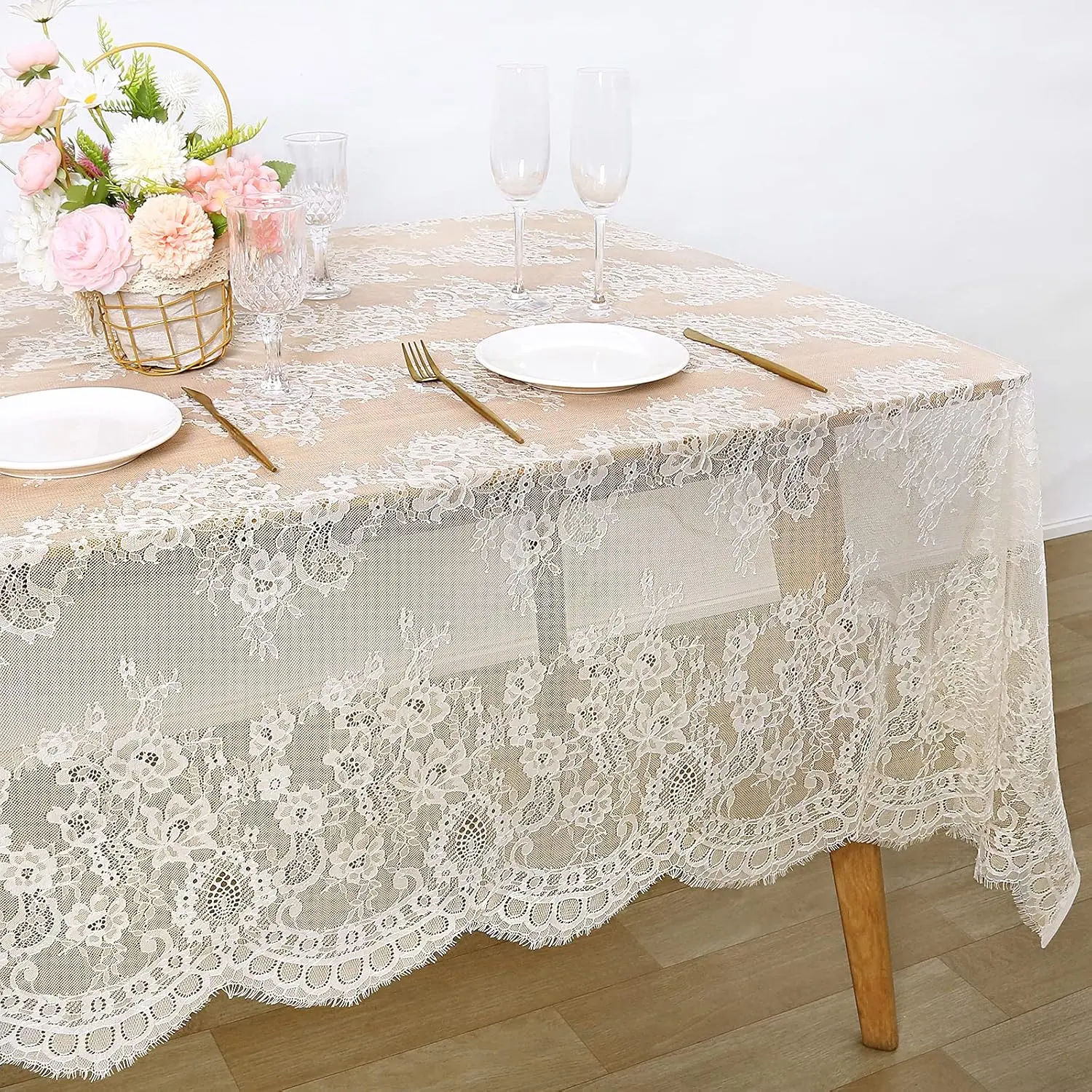 Lace Tablecloth 60x120 Inch Wedding Tablecloth Rectangular Farmhouse| Ivory Classic Vintage Lace Table Cloth for Fall Tea Wedding Decorations Home Decor, Scalloped Edge, floral pattern