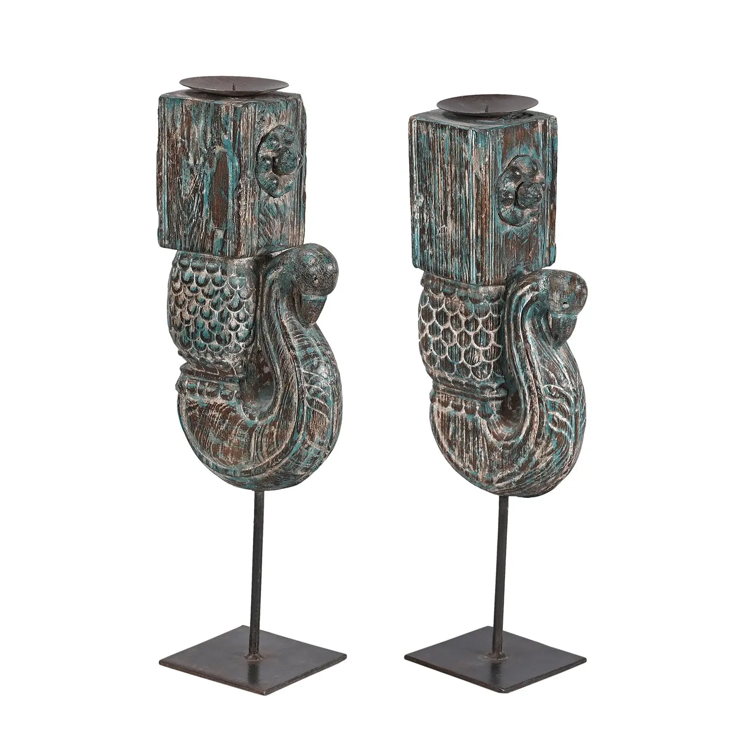 Antique Peacock Carved Corbel Repurposed 22 in. Tall Candle Holders - Set of 2