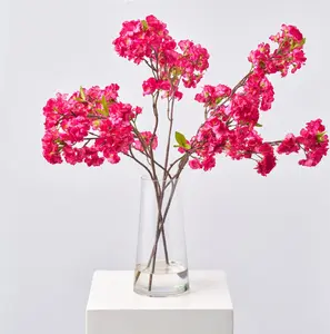Lifelike Pink Cherry Blossom Branches in Tapered Cylinder Vase Spring Summer Water Illusion Arrangement Centerpiece