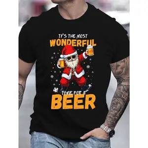 Men's 3D Printed Santa Claus T-Shirt, Menswear Round Neck Short Sleeve Top, Polyester Knit Fabric, Holiday Theme Casual Shirt for Adults - Summer Wear