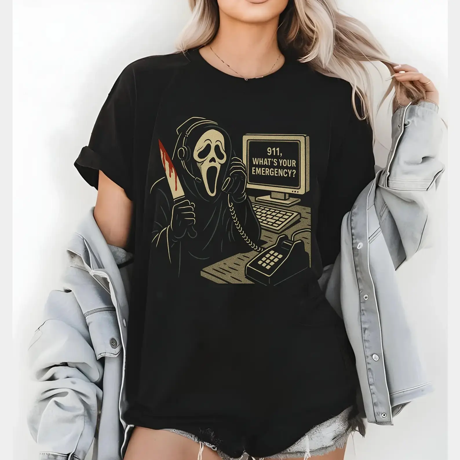 Ghostface Graphic T-Shirt, Casual Shortsleeve Round Neck Halloween Top for 9-1-1 Dispatchers with a Relaxed Fit, Classic Crew, Digital Print, All Seasons, Christmas, Printed Graphic, Basic, Short Sleeves, Elegant