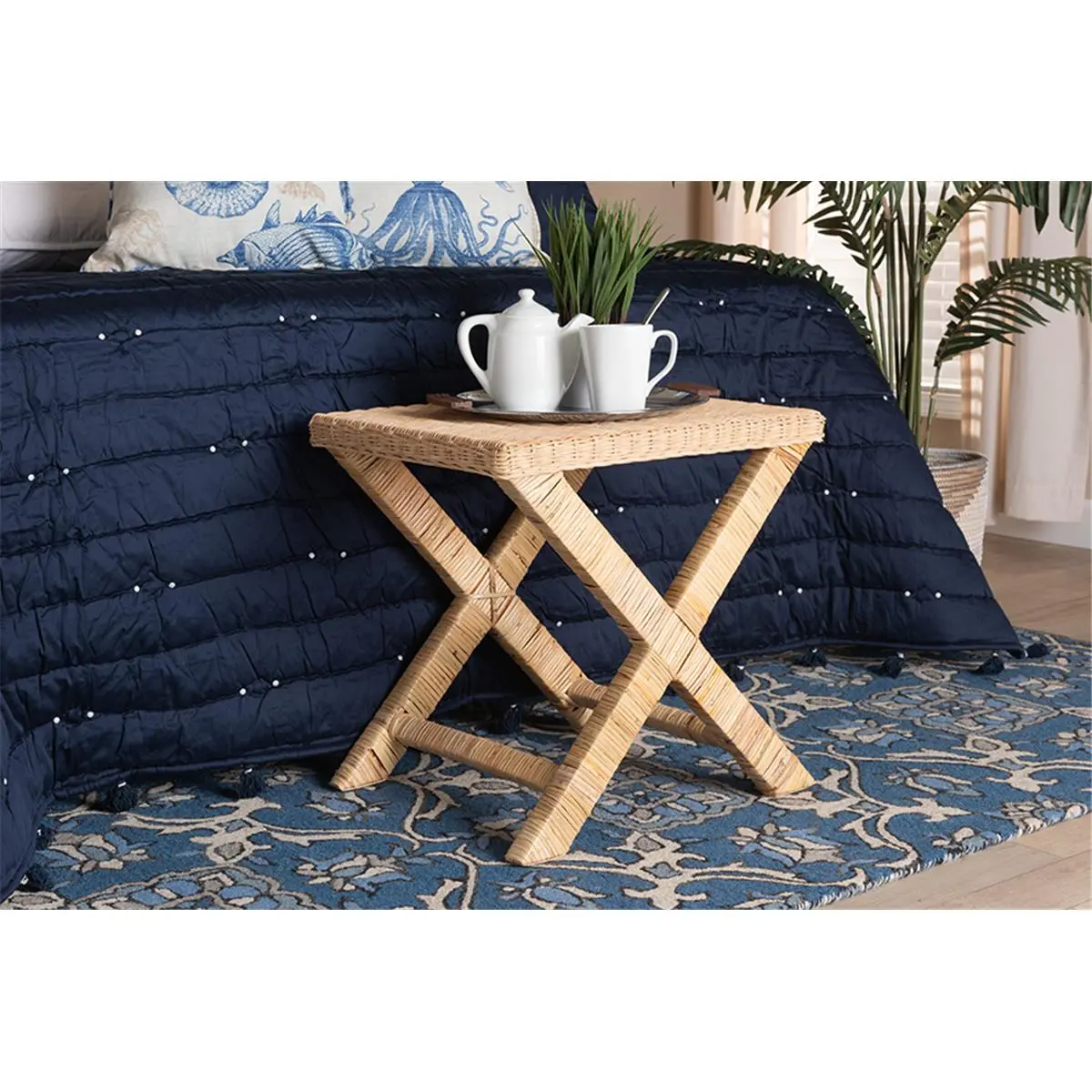 Baxton Studio Farica Modern Bohemian Indoor Accent Bench - Handwoven Natural Brown Rattan, Mahogany Wood, Crisscross Base, Geometric Flair, Rectangular Seat, Fully Assembled Bedroom Seating