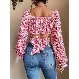 Women's Ditsy Floral Print Crop Blouse - Knot Back, Flounce Long Sleeves, Square Neck, Boho Casual Style for Daily Holiday Wear, Fall & Winter Womenswear