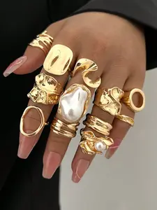12-Piece Fashion Pearl Irregular Geometric Set, Light Luxury Joint Ring Collection, Unique Rings Statement Rings, Stylish Jewelry for Women